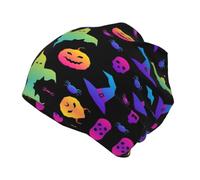 Chapeau de sorcière fantôme arc-en-ciel pour Halloween, motif araignées, grand pull tricoté unisexe pour enfants (8-12 ans) - Imprimé intégral, polyester doux, chaleur double couche pour une