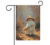 Chapeau de sorcière fantôme balai dans les bois drapeau de jardin saisonnier vacances toile de jute double face maison cour drapeaux extérieurs 30,5 x 45,7 cm