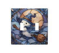 Chapeau de sorcière fantôme mignon volant sur balai double gang couvercle de plaque murale interrupteur décoration taille standard - 11,4 x 11,4 cm
