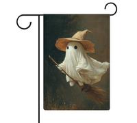 Chapeau de sorcière, fantôme volant sur balai, drapeau de jardin, vacances saisonnières, toile de jute double face, drapeaux extérieurs 30,5 x 45,7 cm