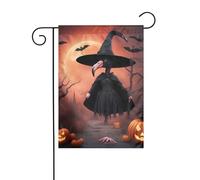 Chapeau de sorcière flamant d'Halloween Drapeau de jardin réversible 30 x 45 cm, drapeaux de décoration de Noël en plein air, drapeau de cour durable