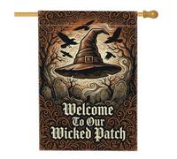 Chapeau de sorcière gothique avec citation d'Halloween 71 x 101 cm | Illustration de chapeau de sorcière, drapeau de pelouse, corbeaux volants, scène de cimetière gothique