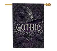 Chapeau de sorcière gothique et corbeau citation Halloween 71 x 101 cm | Corbeaux, drapeau de pelouse, roses, crâne, typographie gothique, fond damassé victorien, décoration de cour extérieure