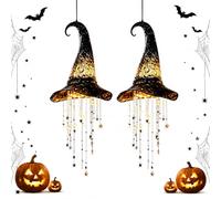 Chapeau de sorcière lumineux à suspendre, décoration de sorcière d'Halloween avec lumières chaudes et pompons en cascade, chapeau à suspendre pour porche, entrée, fenêtre, fête, 2 pièces