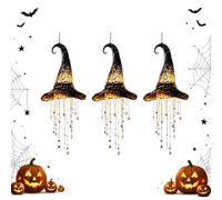 Chapeau de sorcière lumineux à suspendre, décoration de sorcière d'Halloween avec lumières chaudes et pompons en cascade, chapeau à suspendre pour porche, entrée, fenêtre, fête, 3 pièces