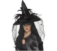 Smiffy's Chapeau de sorcière – Noir, plumes et tulle – Deluxe (Halloween, Carnaval)
