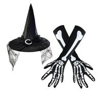 Chapeau de sorcière pour adulte - Chapeau de sorcière et gants - Chapeau de sorcière avec voile - Costume de sorcière pour femme - Accessoires de sorcière pour Halloween, cosplay, fête