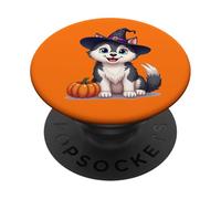 Chapeau de sorcière pour Halloween - Chien Husky sibérien - Chibi - Manga PopSockets PopGrip Adhésif