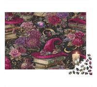 Chapeau de sorcière, Rose, grimoire |Bougie et Croissant de Lune| Puzzles Amusants en Famille 1000pcs (75x50cm) Adultes