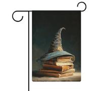 Chapeau de sorcière sur de vieux livres Drapeau de jardin vintage en toile de jute saisonnière double face Maison cour Drapeaux extérieurs 30,5 x 45,7 cm