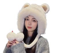 Chapeau de trappeur d'hiver en tricot avec pompon pour femme - Joli motif oreilles de renard - Bonnet tricoté en polaire doublé en peluche chaud coupe-vent pour l'extérieur, le ski, la neige, les