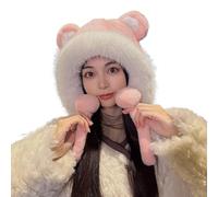 Chapeau de trappeur d'hiver en tricot pour femme avec pompon - Joli motif oreilles de renard - Bonnet tricoté en polaire doublé en peluche chaud coupe-vent pour l'extérieur, le ski, la neige, les
