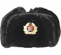 Chapeau de trappeur russe pour homme - Chapeau chaud d'hiver avec badge soviétique unisexe en fausse fourrure - Chapeau d'hiver unisexe, Noir , Taille unique