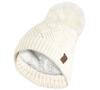 Chapeau de Tricot de câble de Diamant Chaud épais de Dames avec la Doublure Thermique d'ours en Peluche et Le Pompon démontable de Fausse Fourrure-Cream