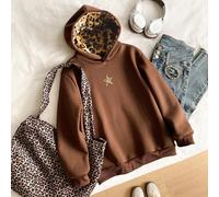 Chapeau décontracté et moelleux style léopard pour préadolescentes, avec motif d'étoile à cinq branches et imprimé léopard. Convient pour le style de rue, Sweat-shirt à capuche 8Y,9Y,10Y,11Y,12YGéomét