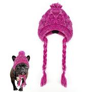 Chapeau d'hiver tricoté en laine pour chien avec longs pompons tressés et trous d'oreille pour chiens de petite et moyenne taille, couvre-chef chaud pour temps froid, violet, taille S