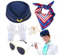 Chapeau d'hôtesse de l'air - Fournitures de broche d'agent de bord | Pour gants, avion, lunettes de soleil, béret bleu, rouge, blanc rayé écharpe, J'accepte la spécialisation, Refer to description