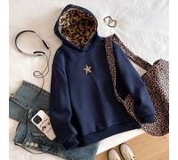 Chapeau en fausse fourrure léopard décontracté pour préadolescentes, motif étoile à cinq branches et imprimé léopard, convient au style de rue, Sweat-shirt à capuche 8Y,9Y,10Y,11Y,12YgraphiquePolyeste