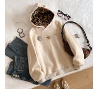 Chapeau en fausse fourrure léopard décontracté pour préadolescentes, motif étoile à cinq branches et imprimé léopard, convient au style de rue, Sweat-shirt à capuche 8Y,9Y,10Y,11Y,12YPlantesPolyester