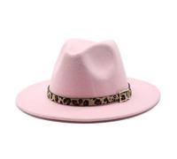 Chapeau en laine imprimé léopard chapeau à bord plat en feutre chapeau de jazz à grand bord (rose, 56-58 cm)