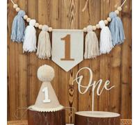 Chapeau en pompon bleu fait main pour la décoration du 1er anniversaire, chapeau d'anniversaire pour 1 an, décoration suspendue avec franges en laine bleue et kaki pour la chambre 20 cm * 16 cm * 6 cm