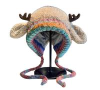 Chapeau et sac de Noël 2 en 1, chapeau de cerf d'hiver pour femme, chapeau de bois de cerf tricoté pelucheux avec oreilles, bonnet de Noël tricoté festif, chapeau de cerf chaud, sac à main pliable