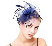 Chapeau Fascinator Femme Plumage Bandeau Fascinator Fleur Maille Dentelle Clip Chapeau Plume Accessoire Cheveux Couvre-chef pour Fête Église Mariage Cocktail Jockey Club Fascinator Bleu Marine