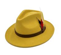 Chapeau Fedora Trilby pour homme avec bande réglable en plumes et laine style cowboy, moutarde, M