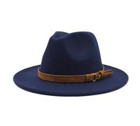 Chapeau Fedora unisexe avec ceinture en daim à large bord en feutre style panama style jazz haut tendance britannique pour homme femme, bleu marine, M 56/58 cm