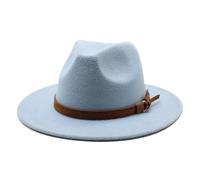 Chapeau Fedora unisexe avec ceinture en daim à large bord en feutre style panama style jazz haut tendance britannique pour homme femme, bleu ciel, M 56/58 cm