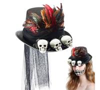 Chapeau gothique steampunk - Chapeau haut-de-forme gothique Steampunk - Coiffe de déguisement avec crânes, plumes, maille noire, haut punk et accessoires de fête pour femme
