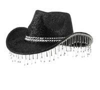 Chapeau haut-de-forme à pompons avec strass pour homme et femme Unisexe Paillettes Poudre à bords larges pour festival de musique enterrement de vie de jeune fille Franges strass, Noir , Taille unique