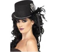 Chapeau haut de forme noir avec main squelette et plumes femme Halloween