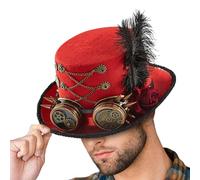 Chapeau haut de forme Steampunk avec lunettes - Équipement vintage gothique | Construction en feutre épais avec engrenages métalliques, chaînes et accents de fleurs rouges, lunettes amovibles, convient a
