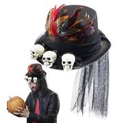 Chapeau haut de forme Steampunk, chapeau Steampunk crâne - Chapeau haut de forme gothique,Avec des crânes, des plumes, un casque d'Halloween en maille noire pour hommes et femmes, un costume