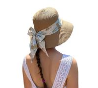 Chapeau marron pour femme en paille Protection solaire Panama Pamela Plage Été Casquette de soleil Visière enroulable avec nœud avec fleurs Blanc/bleu, blanc, Taille Unique