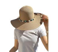 Chapeau marron pour femme en paille Protection solaire Panama Pamela Plage Été Casquette de soleil Visière enroulable avec nœud avec coquillages bleus et blancs, multicolore, Taille Unique