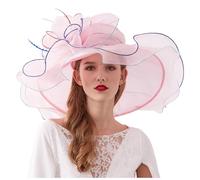 Chapeau melon en organza à large bord pour femme - Protection UV UPF 50 - Motif floral - Décoration florale - Chapeau élégant en gaze pour l'église, le bal, les vacances, la plage, rose, Taille unique