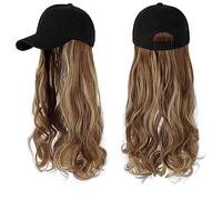 Chapeau-perruque Bonnet avec extensions de cheveux, perruque noire naturelle, ajustable, for femmes, longue synthétique ondulée style baseball