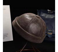 Chapeau sans bord en cuir de vachette de style chinois rétro, casquettes rondes chaudes pour hommes, nouvelle mode, hiver et automne cowhide brown