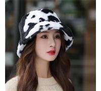 Chapeau seau à imprimé vache de style japonais à la mode pour femmes, automne et hiver, chapeau seau coréen tout-aller avec un réchaud épaissi, tenues d'hiver mignonnes Kaki,Noir et blancMotif texturé
