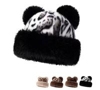 Chapeau Seau d'hiver en Fausse Fourrure pour Femme, Chapeau Mongol en Peluche à imprimé léopard pour Femme,Casquette de pêcheur épaisse pour Filles et Femmes (Black)