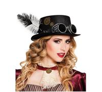 Chapeau Steampunk femme Blanc - GENERIQUE - Avec Plumes, Rouages et Lunettes - Noir