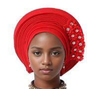 Chapeau turban populaire pour femme avec soie brillante - Bonnet de mariage africain multicouche avec fleur - Voyage en plein air, Rouge, taille unique