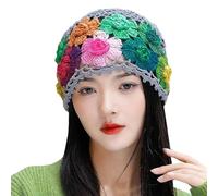 Chapeau vintage en tricot de coton brodé à la main avec motif floral ajouré, gris, Taille unique
