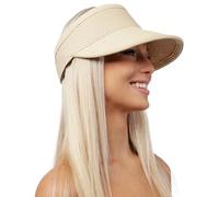 Chapeau visière d'été en paille vide avec grande aile pour femme Casquette Pamela de soleil plage voyage vacances, Lu-239-Beige, Taille Unique