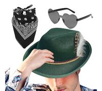 Chapeaux allemands pour la fête de la bière, chapeau bavarois, chapeau Fedora Oktoberfest 1 set avec foulard, lunettes en cuir synthétique, accessoire de costume pour adultes, chapeau bavarois