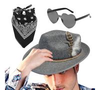 Chapeaux allemands pour l'Oktoberfest - Chapeau Fedora Oktoberfest avec foulard, lunettes en cuir synthétique, chapeau de chasseur allemand non tissé, accessoires de costume pour homme