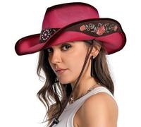 Chapeaux de cowboy pour femme, chapeaux de cowgirl marron classiques en paille pour femme, festival de musique, fête, plage., Rose foncé, Taille unique
