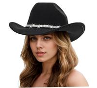 Chapeaux de cowboy pour femmes | Chapeau de cowboy, chapeau de cow-girl noir classique avec ceinture de strass scintillantes, chapeau de cowboy occidental avec bande sueur, chapeaux de cowboy portabl